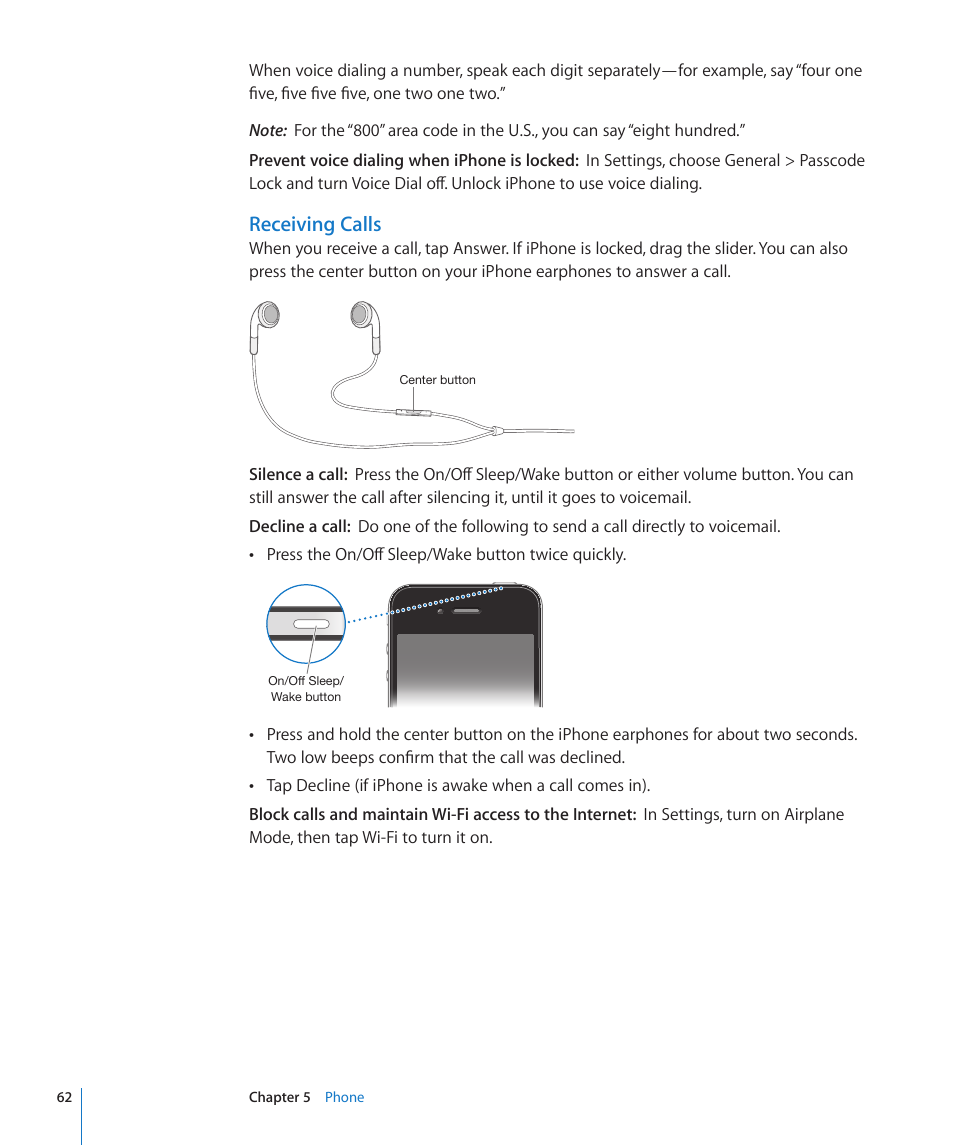 Receiving calls | Apple iPhone 4G User Manual | Page 62 / 274