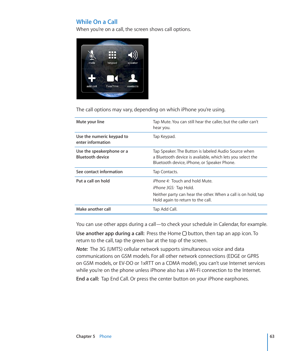 While on a call | Apple iPhone 4G User Manual | Page 63 / 274