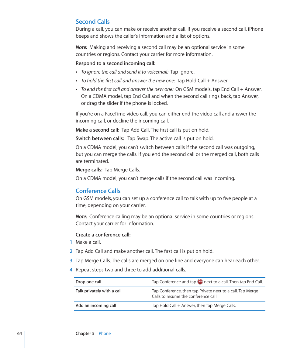 Second calls, Conference calls | Apple iPhone 4G User Manual | Page 64 / 274