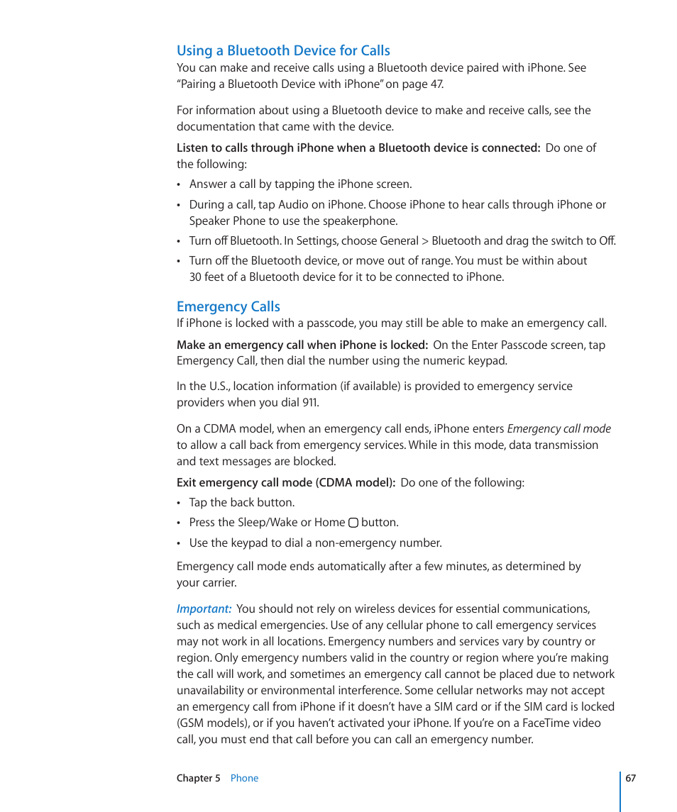 Using a bluetooth device for calls, Emergency calls | Apple iPhone 4G User Manual | Page 67 / 274