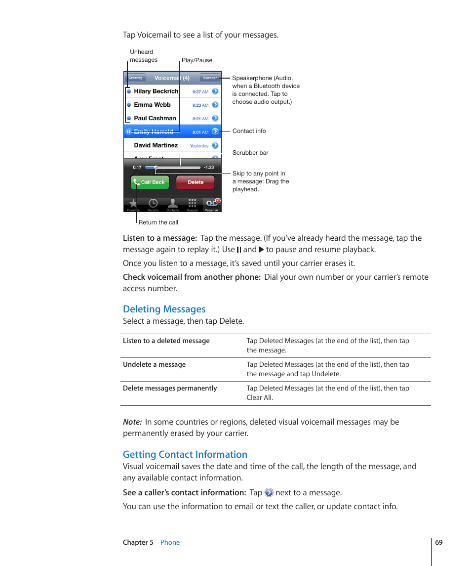 Deleting messages, Getting contact information | Apple iPhone 4G User Manual | Page 69 / 274