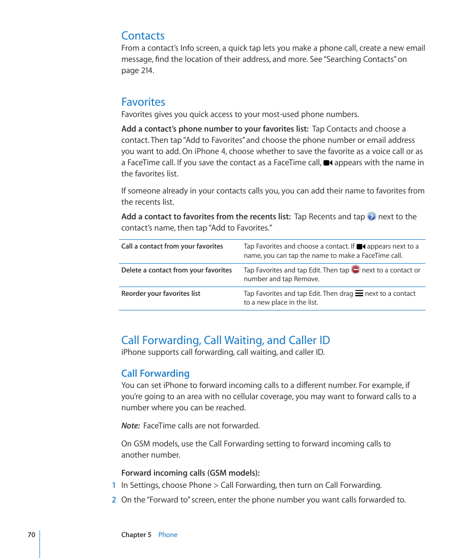 Contacts, Favorites, Call forwarding, call waiting, and caller id | Call forwarding | Apple iPhone 4G User Manual | Page 70 / 274