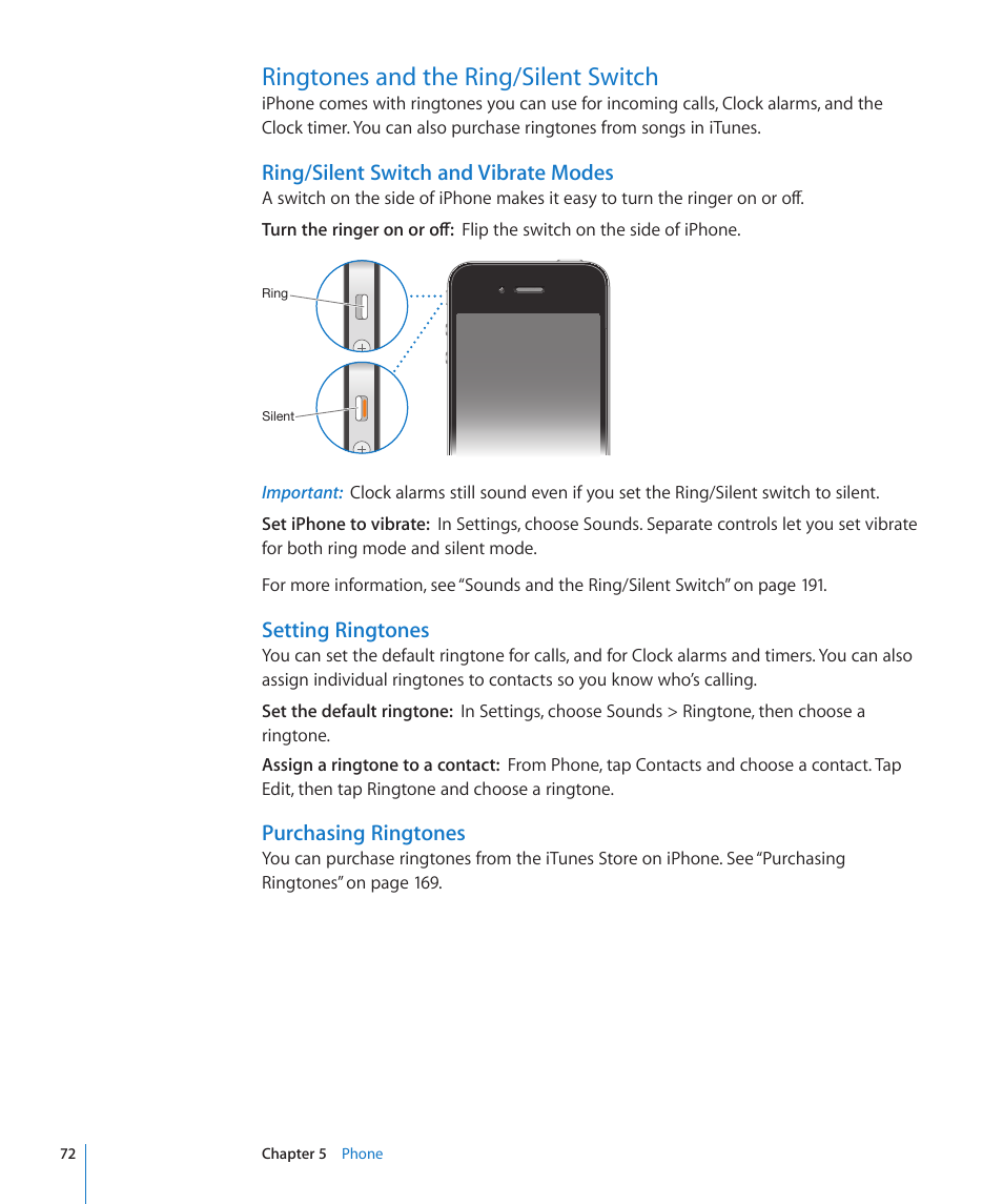 Ringtones and the ring/silent switch, 72 ringtones and the ring/silent switch, Ring/silent switch and vibrate modes | Setting ringtones, Purchasing ringtones | Apple iPhone 4G User Manual | Page 72 / 274