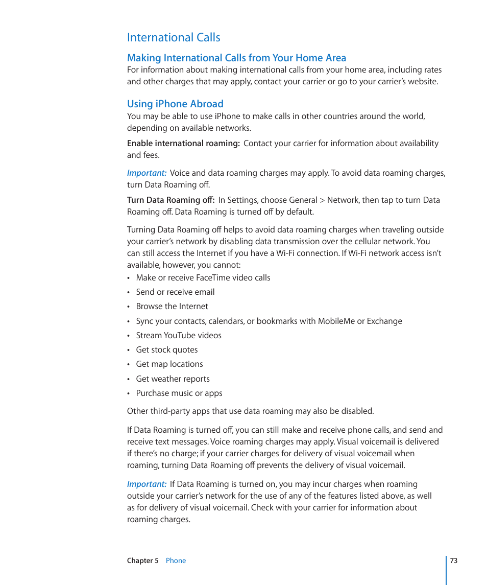 International calls, 73 international calls, Making international calls from your home area | Using iphone abroad | Apple iPhone 4G User Manual | Page 73 / 274