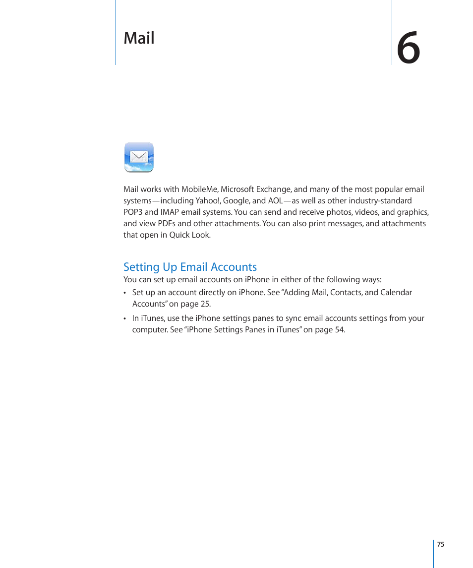 Chapter 6: mail, Setting up email accounts, 75 setting up email accounts | Mail | Apple iPhone 4G User Manual | Page 75 / 274