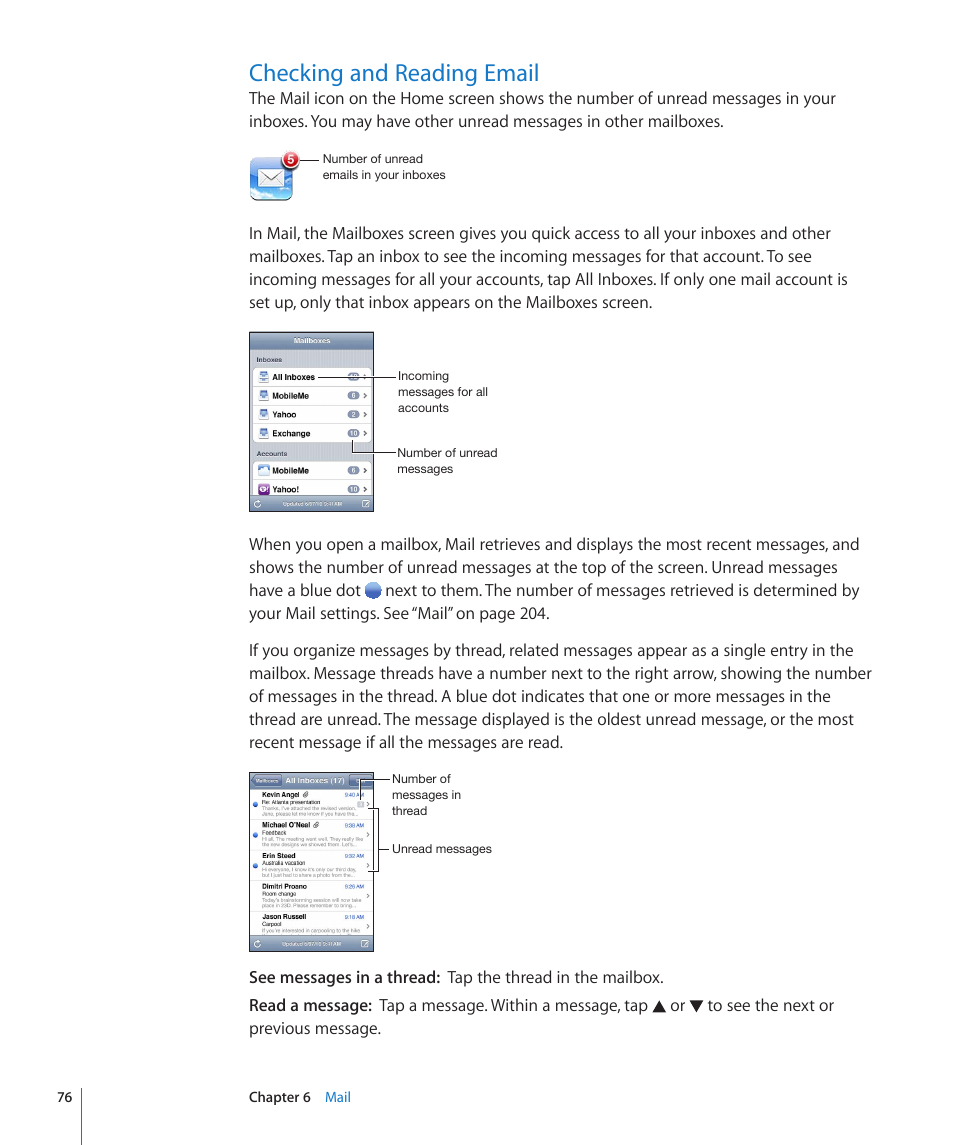 Checking and reading email, 76 checking and reading email | Apple iPhone 4G User Manual | Page 76 / 274