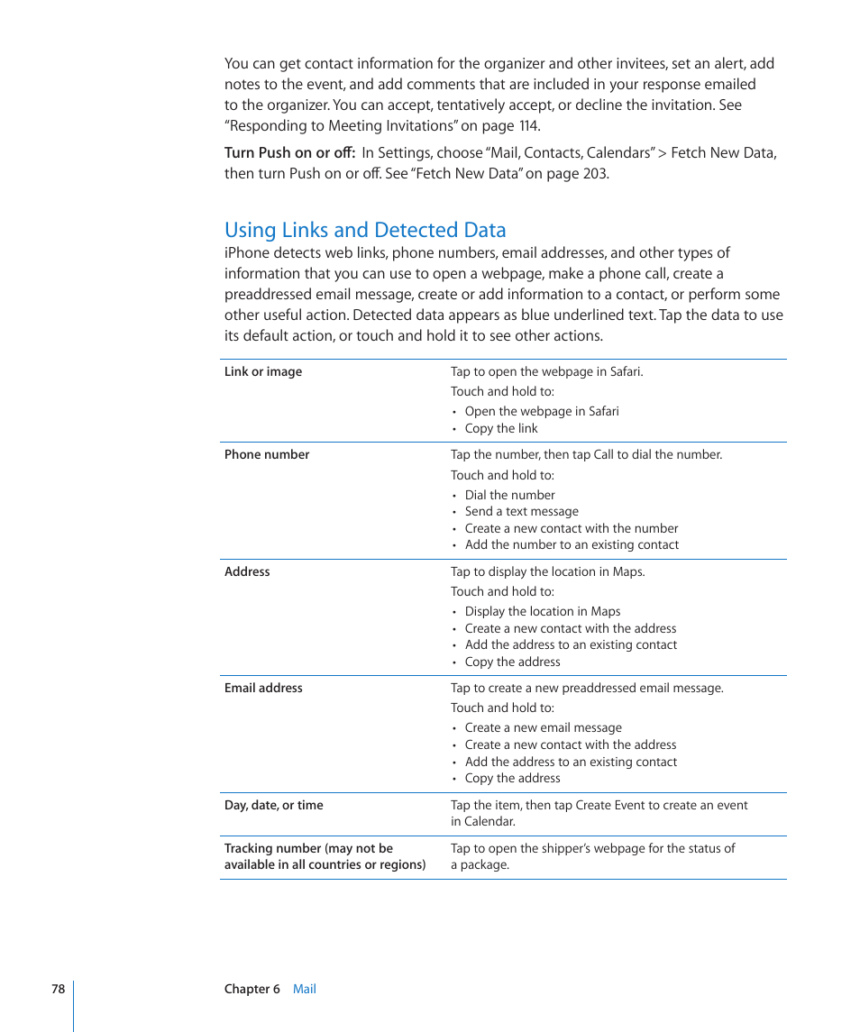 Using links and detected data, 78 using links and detected data | Apple iPhone 4G User Manual | Page 78 / 274