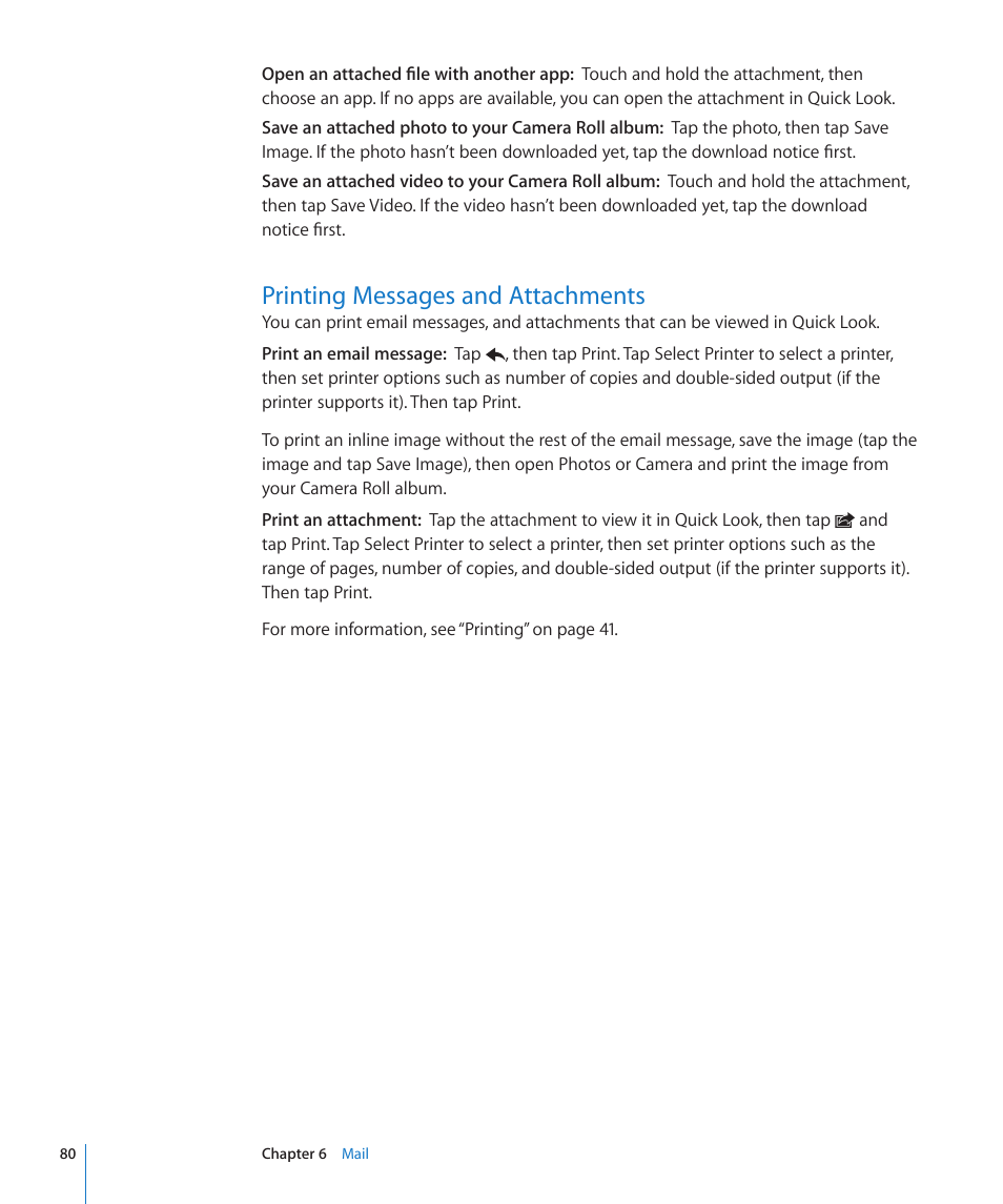 Printing messages and attachments, 80 printing messages and attachments | Apple iPhone 4G User Manual | Page 80 / 274