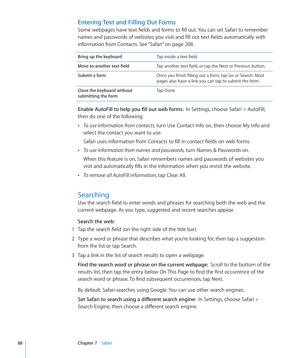 Searching, 88 searching, Entering text and filling out forms | Apple iPhone 4G User Manual | Page 88 / 274