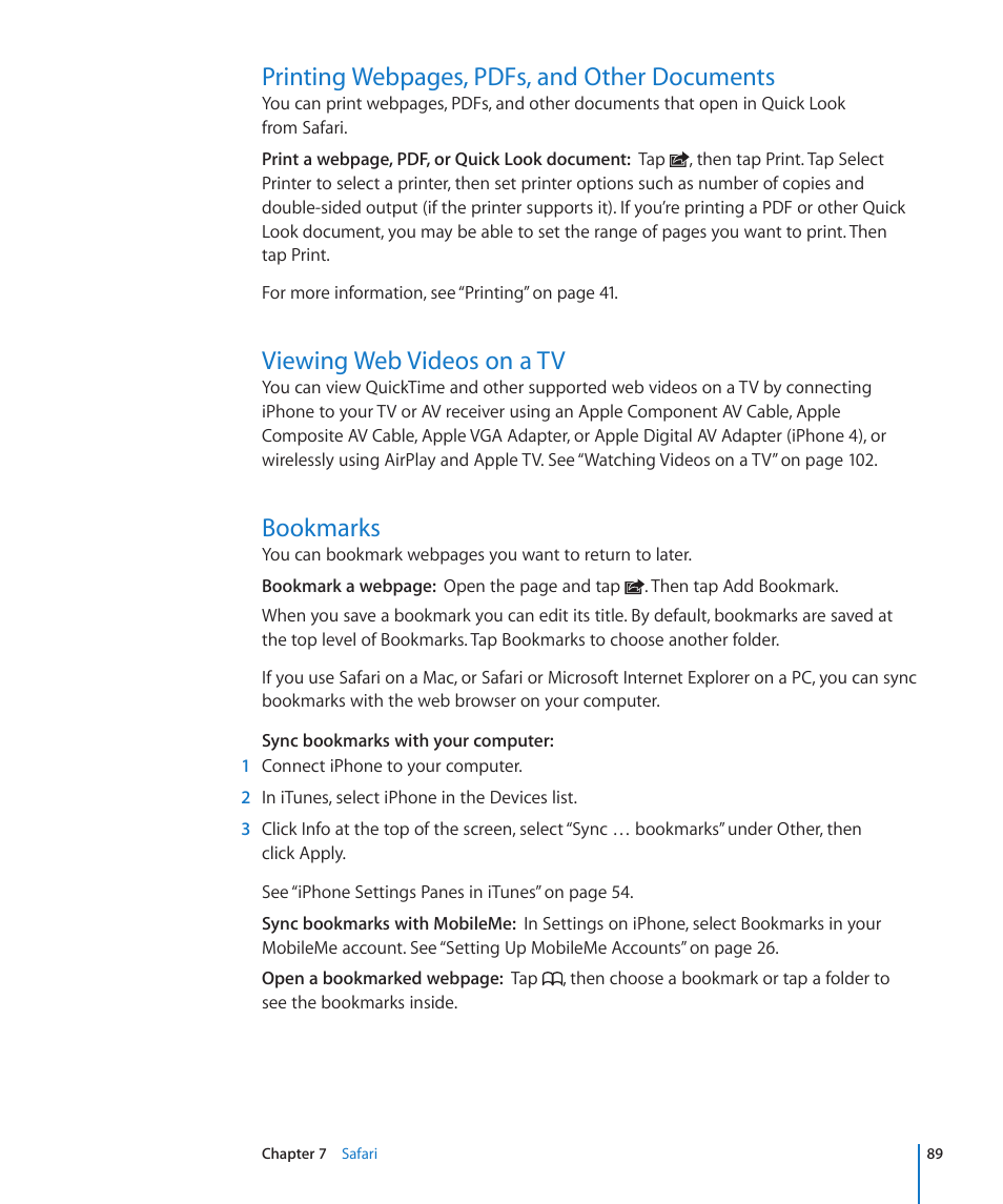 Viewing web videos on a tv, Bookmarks, Printing webpages, pdfs, and other documents | Apple iPhone 4G User Manual | Page 89 / 274