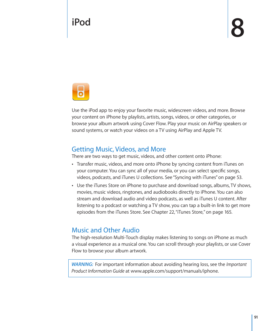 Chapter 8: ipod, Getting music, videos, and more, Music and other audio | Ipod | Apple iPhone 4G User Manual | Page 91 / 274
