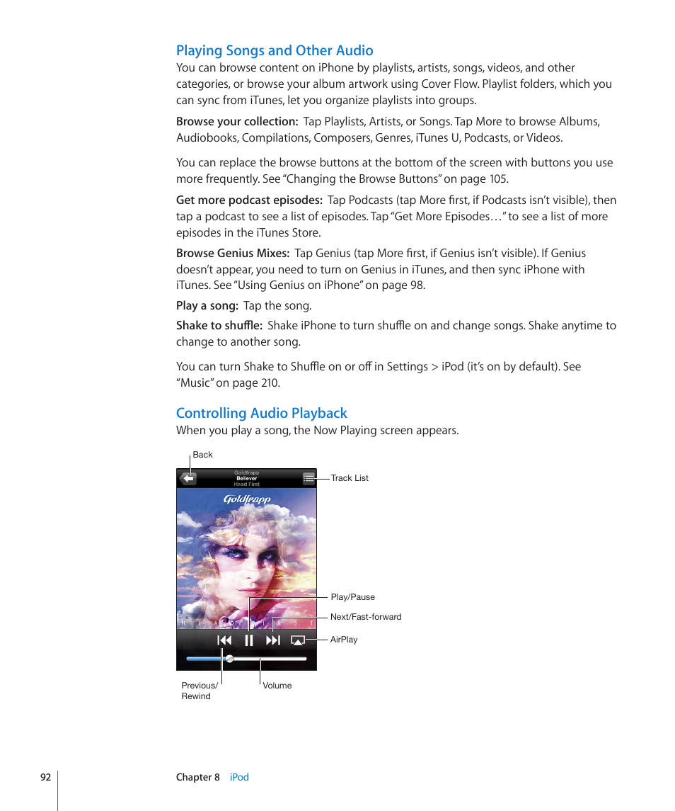 Playing songs and other audio, Controlling audio playback | Apple iPhone 4G User Manual | Page 92 / 274