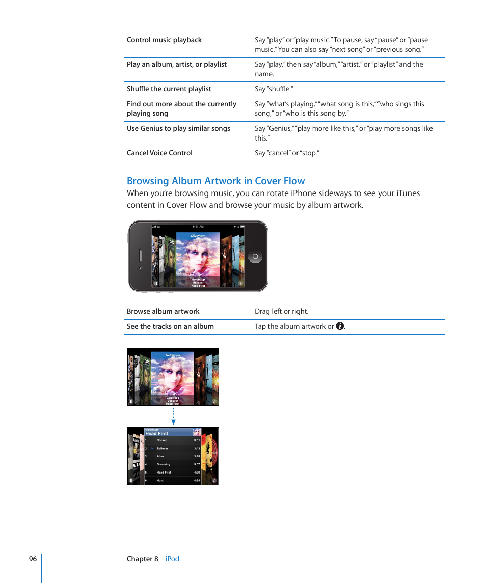 Browsing album artwork in cover flow | Apple iPhone 4G User Manual | Page 96 / 274