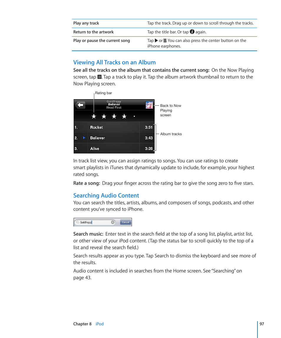 Viewing all tracks on an album, Searching audio content | Apple iPhone 4G User Manual | Page 97 / 274