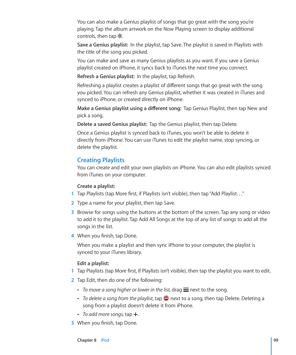 Creating playlists | Apple iPhone 4G User Manual | Page 99 / 274