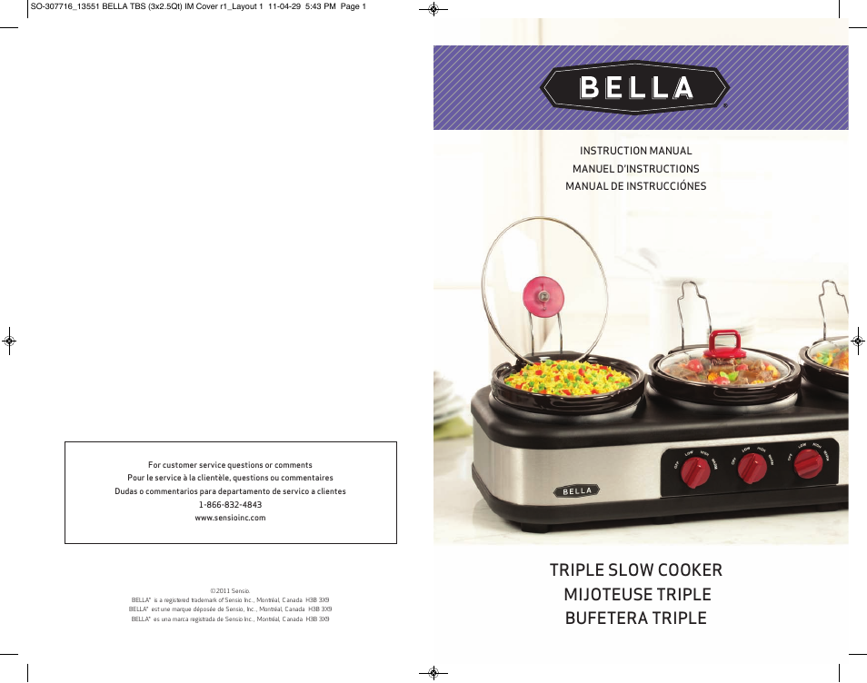 BELLA 13551 3 X 2.5QT Triple Slow Cooker with Lid Rests User Manual | 38 pages