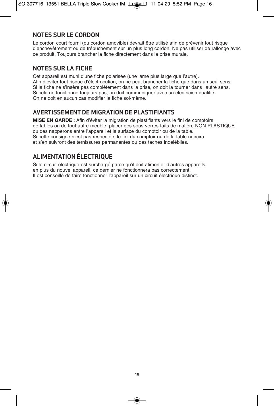 Avertissement de migration de plastifiants, Alimentation électrique | BELLA 13551 3 X 2.5QT Triple Slow Cooker with Lid Rests User Manual | Page 17 / 38