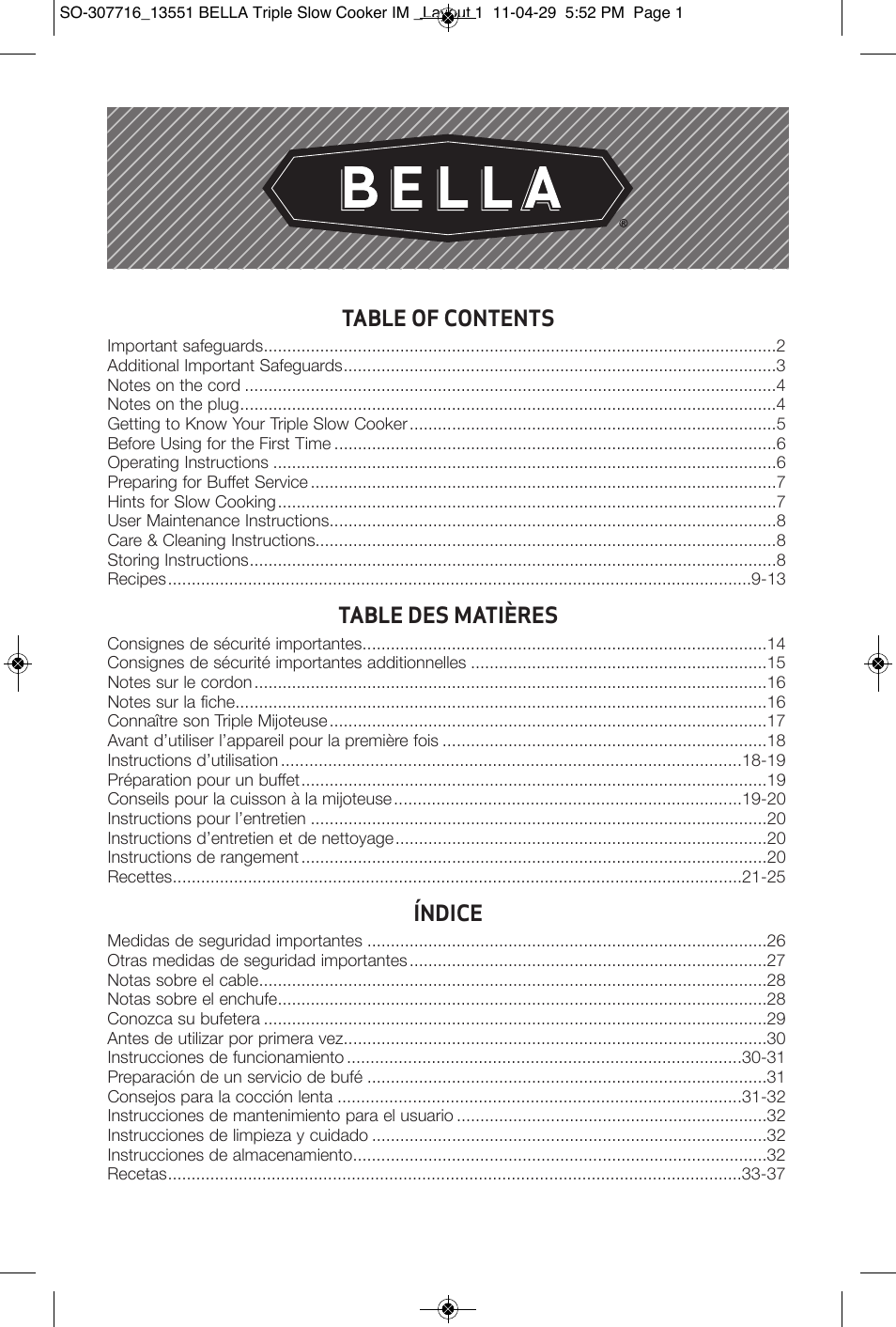 BELLA 13551 3 X 2.5QT Triple Slow Cooker with Lid Rests User Manual | Page 2 / 38