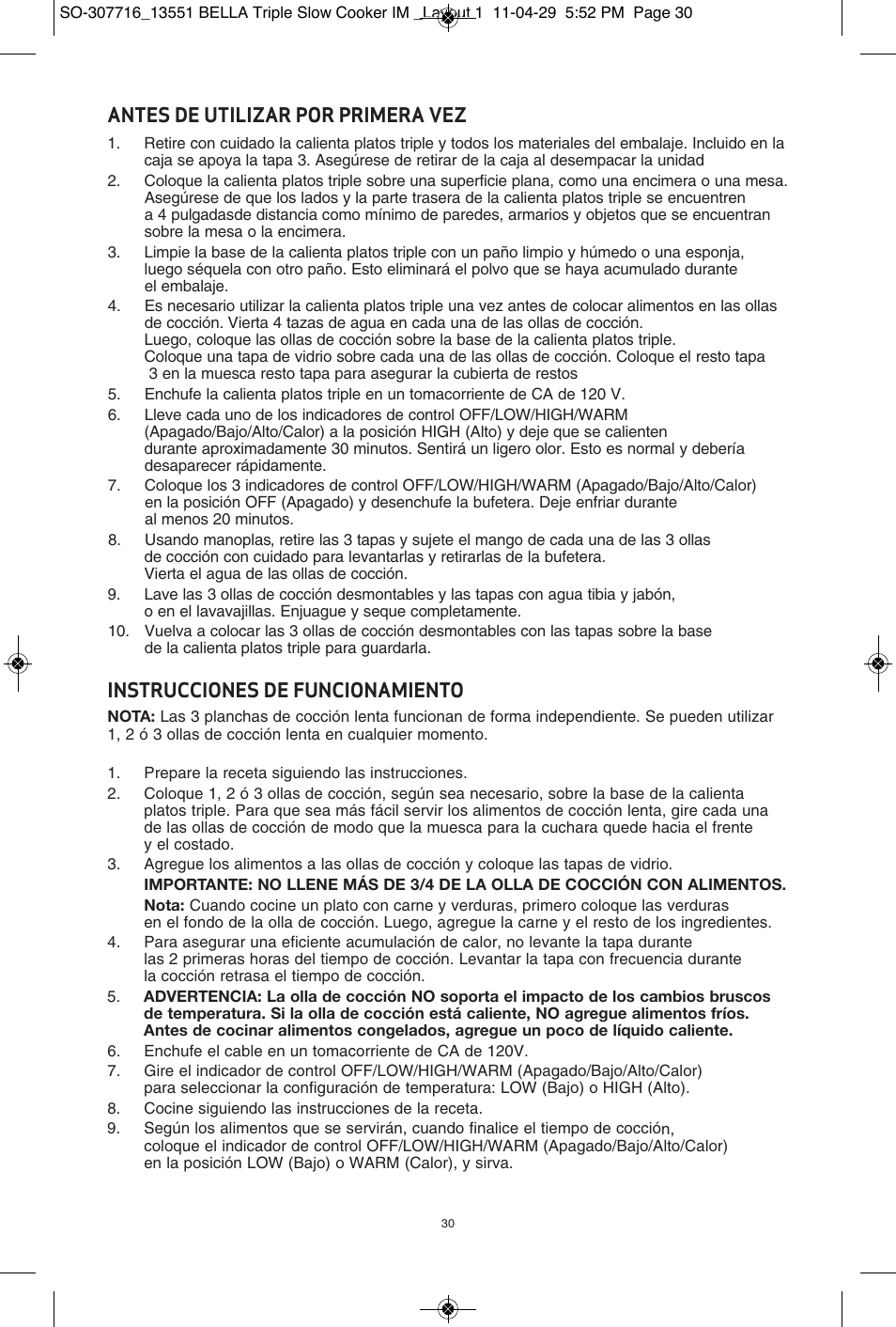 Antes de utilizar por primera vez, Instrucciones de funcionamiento | BELLA 13551 3 X 2.5QT Triple Slow Cooker with Lid Rests User Manual | Page 31 / 38