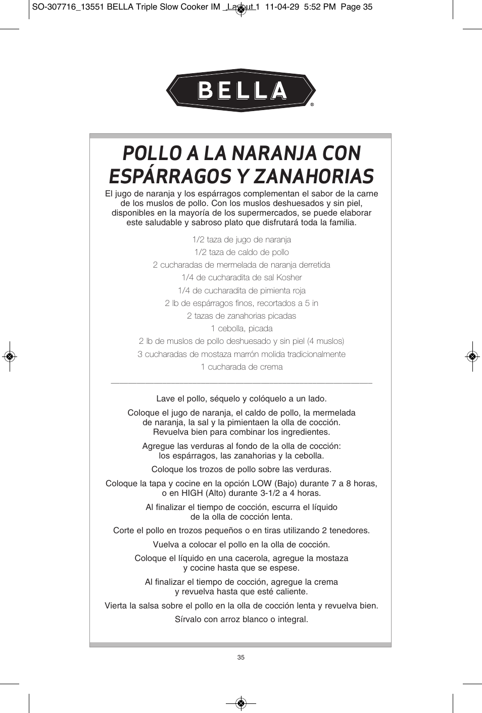 Pollo a la naranja con espárragos y zanahorias | BELLA 13551 3 X 2.5QT Triple Slow Cooker with Lid Rests User Manual | Page 36 / 38