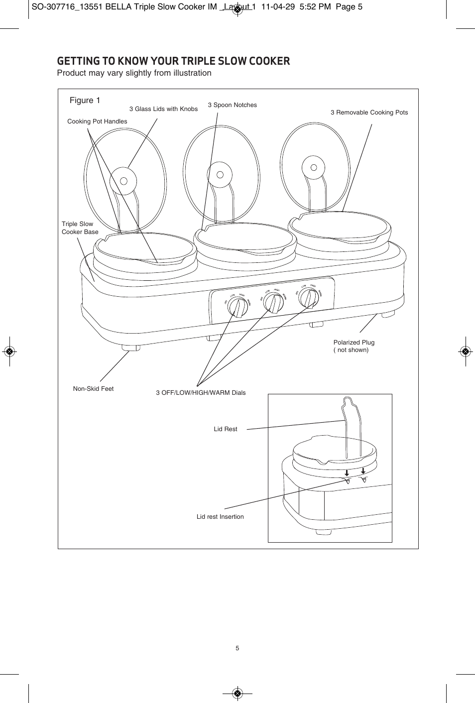 Getting to know your triple slow cooker | BELLA 13551 3 X 2.5QT Triple Slow Cooker with Lid Rests User Manual | Page 6 / 38