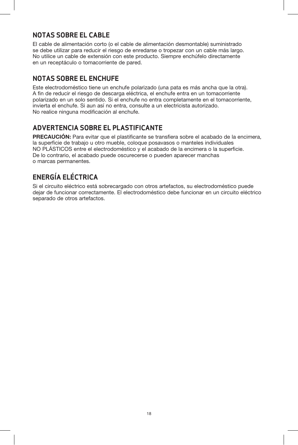 Notas sobre el cable, Notas sobre el enchufe, Advertencia sobre el plastificante | Energía eléctrica | BELLA 90048 3 x 2.5QT Triple Slow Cooker with Lid Rests User Manual | Page 19 / 29