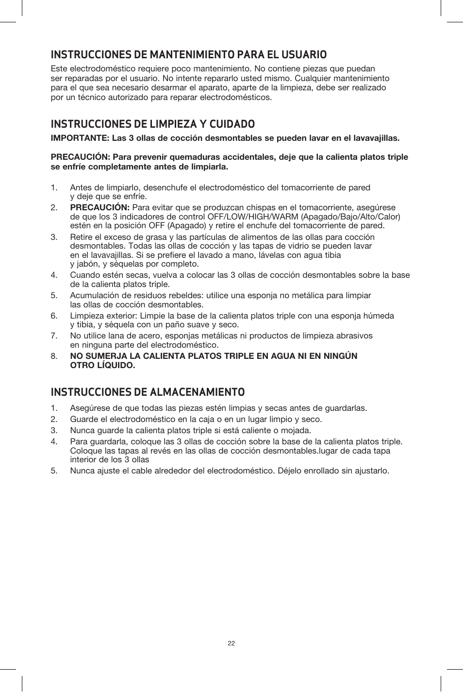 Instrucciones de mantenimiento para el usuario, Instrucciones de limpieza y cuidado, Instrucciones de almacenamiento | BELLA 90048 3 x 2.5QT Triple Slow Cooker with Lid Rests User Manual | Page 23 / 29