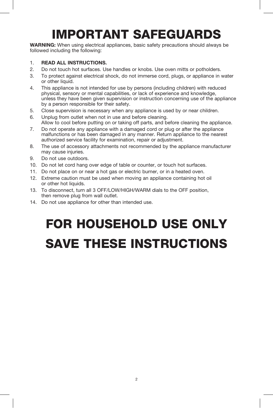 Important safeguards, For household use only save these instructions | BELLA 90048 3 x 2.5QT Triple Slow Cooker with Lid Rests User Manual | Page 3 / 29