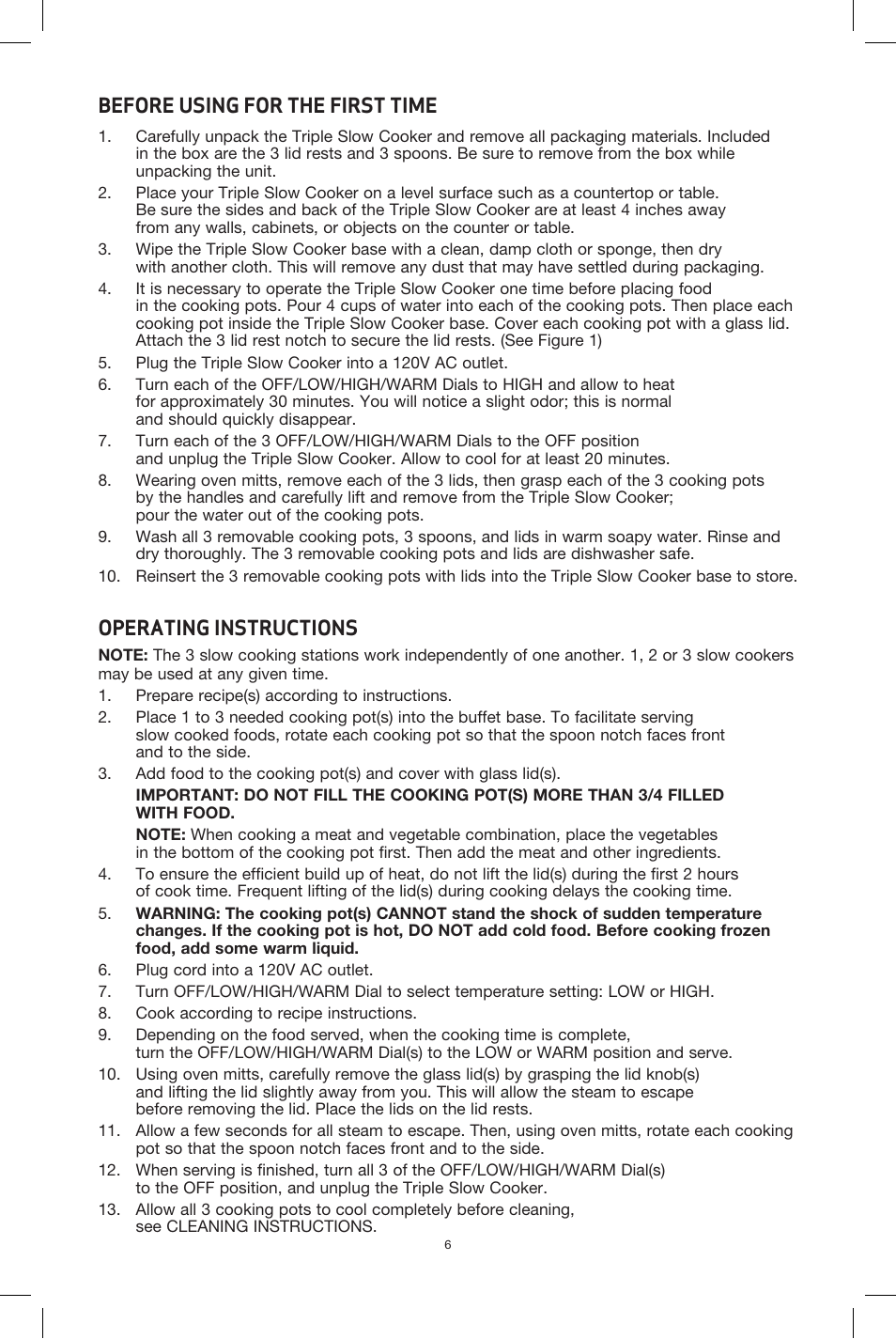 Before using for the first time, Operating instructions | BELLA 90048 3 x 2.5QT Triple Slow Cooker with Lid Rests User Manual | Page 7 / 29