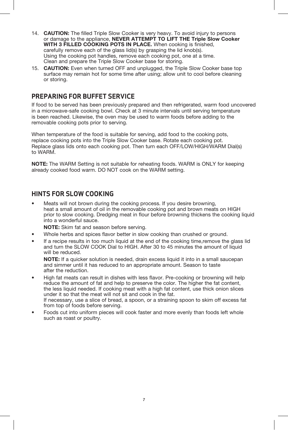 Preparing for buffet service, Hints for slow cooking | BELLA 90048 3 x 2.5QT Triple Slow Cooker with Lid Rests User Manual | Page 8 / 29