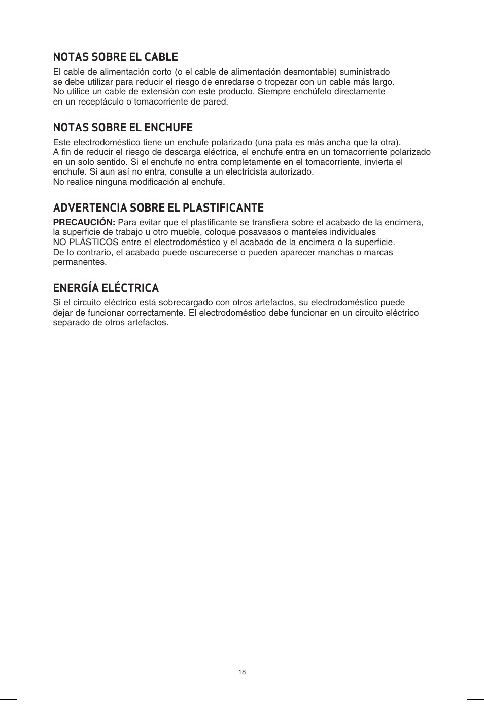 Notas sobre el cable, Notas sobre el enchufe, Advertencia sobre el plastificante | Energía eléctrica | BELLA 13581 3 X 2.5QT Triple Slow Cooker with Lid Rests User Manual | Page 19 / 29