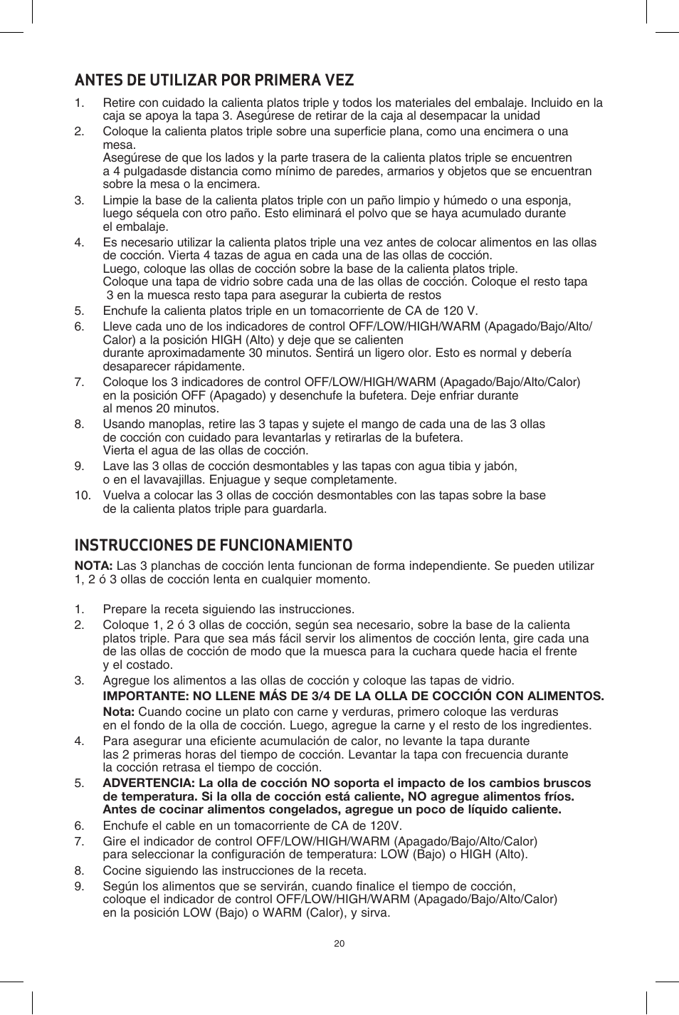 Antes de utilizar por primera vez, Instrucciones de funcionamiento | BELLA 13581 3 X 2.5QT Triple Slow Cooker with Lid Rests User Manual | Page 21 / 29