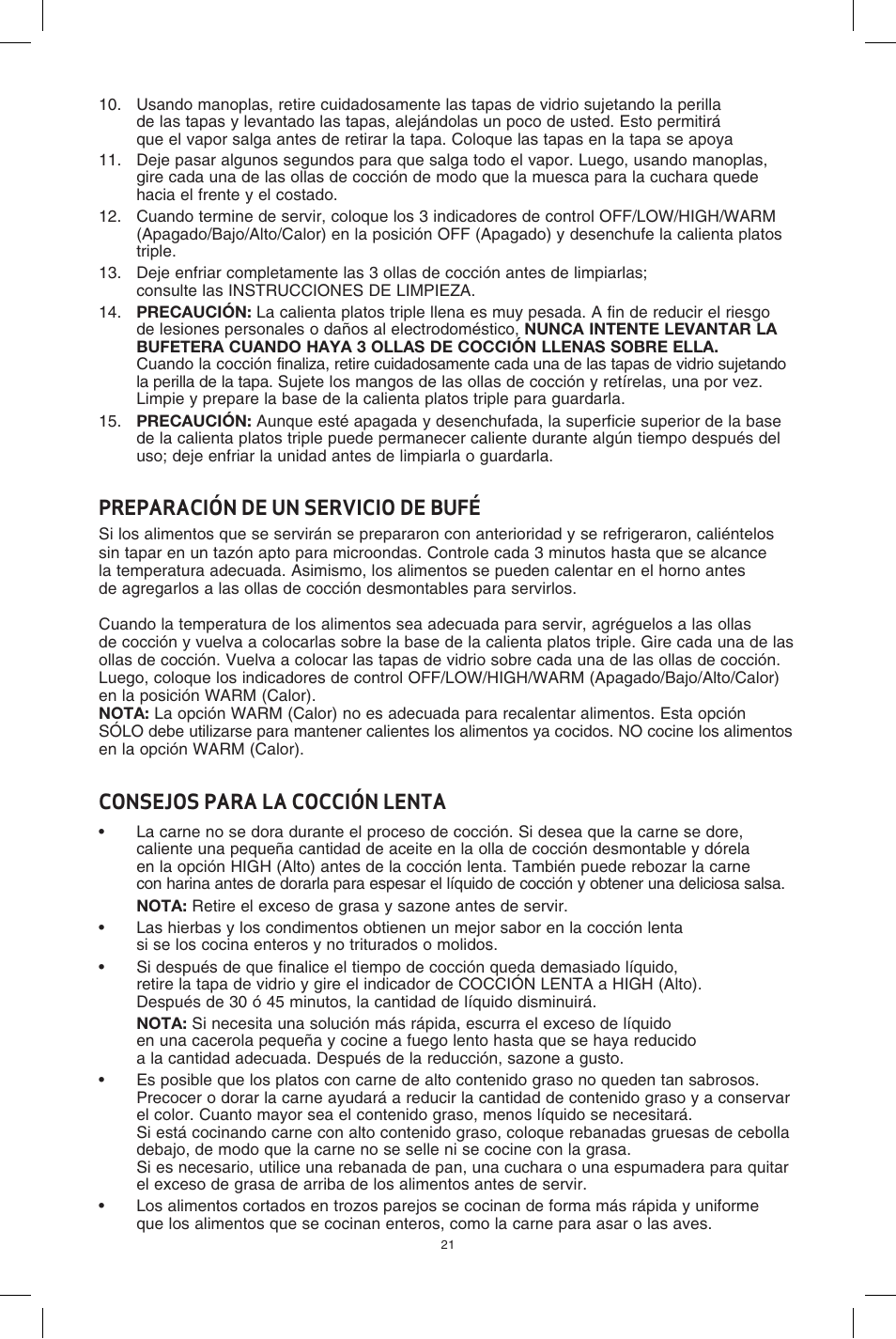 Preparación de un servicio de bufé, Consejos para la cocción lenta | BELLA 13581 3 X 2.5QT Triple Slow Cooker with Lid Rests User Manual | Page 22 / 29