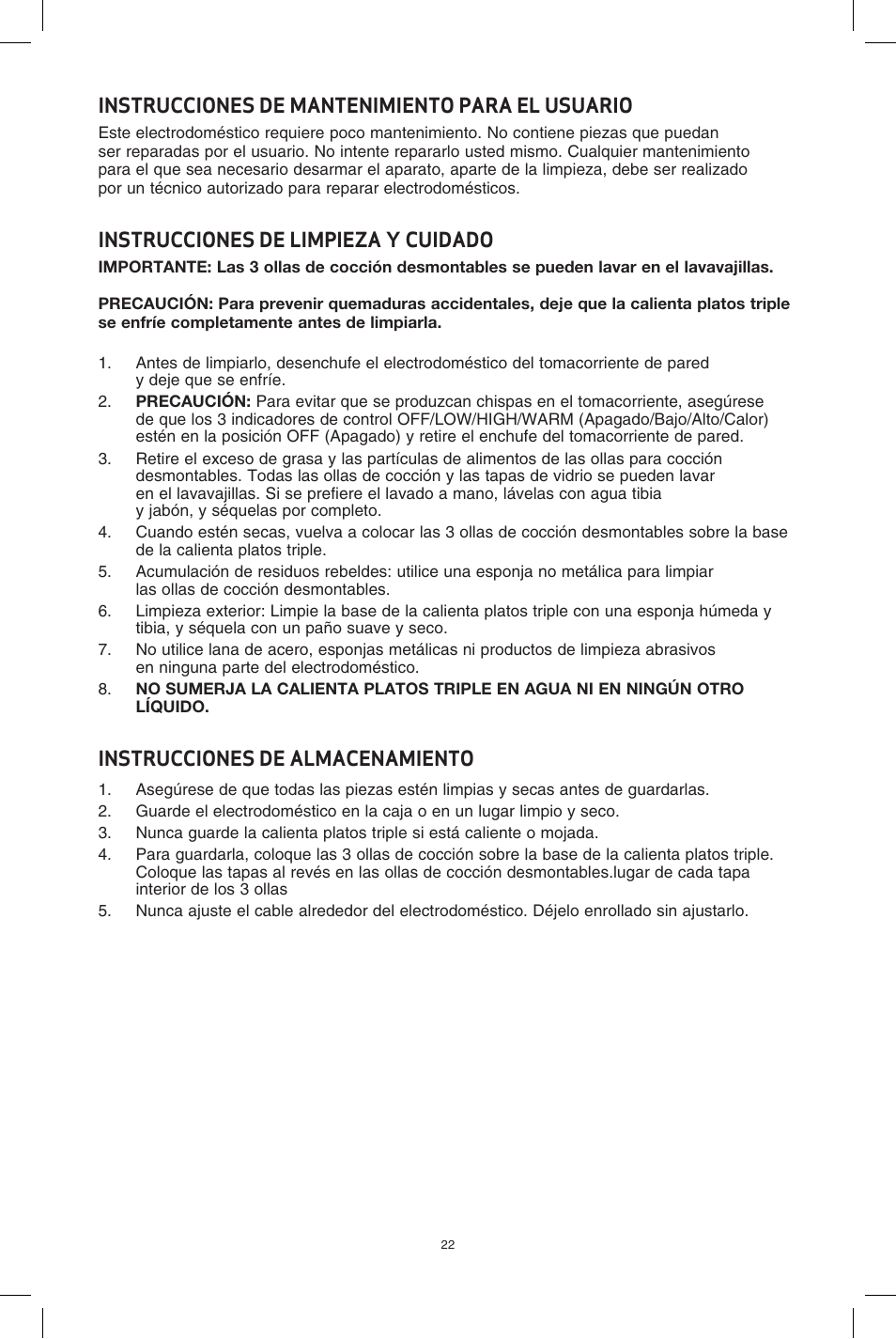 Instrucciones de mantenimiento para el usuario, Instrucciones de limpieza y cuidado, Instrucciones de almacenamiento | BELLA 13581 3 X 2.5QT Triple Slow Cooker with Lid Rests User Manual | Page 23 / 29