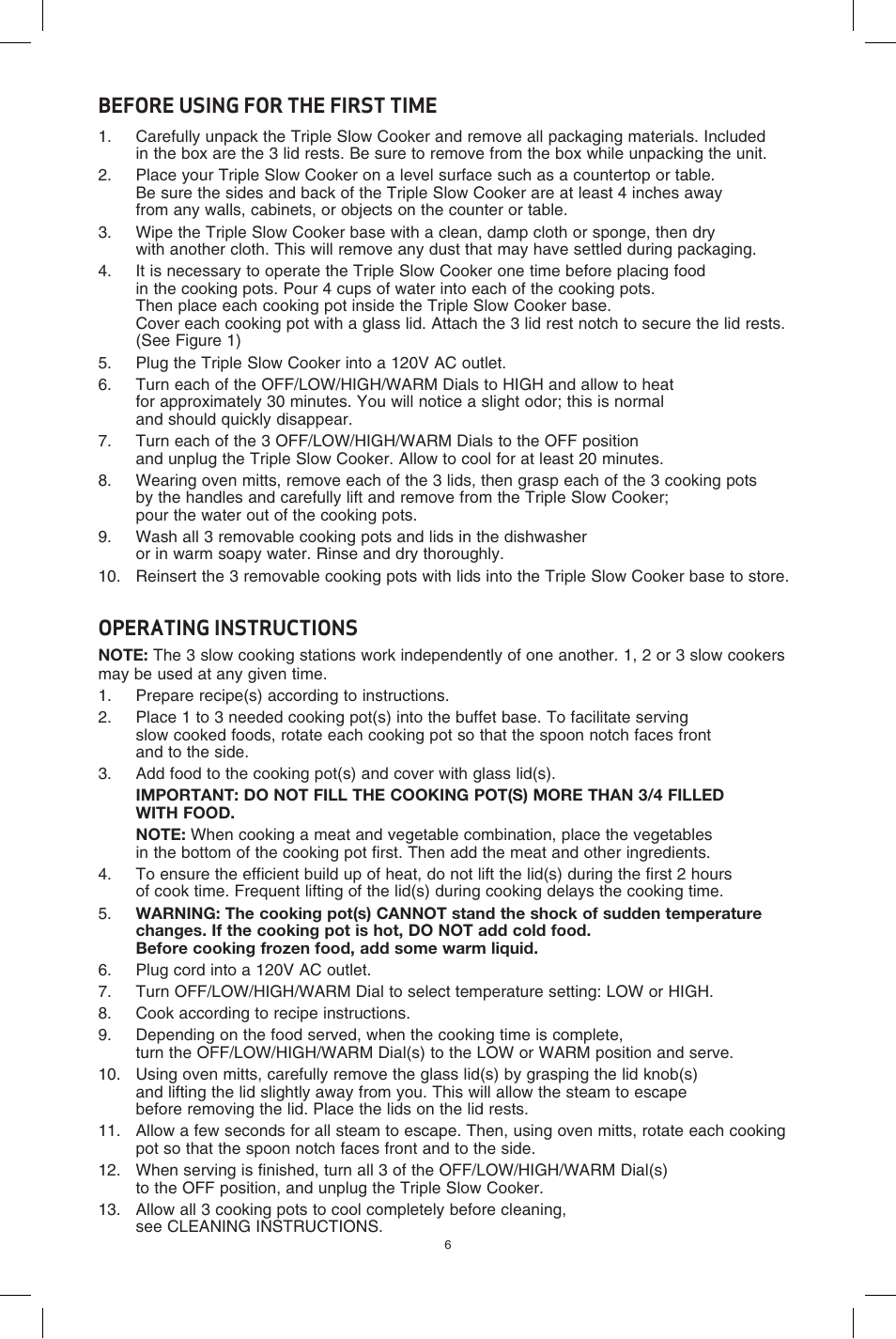 Before using for the first time, Operating instructions | BELLA 13581 3 X 2.5QT Triple Slow Cooker with Lid Rests User Manual | Page 7 / 29