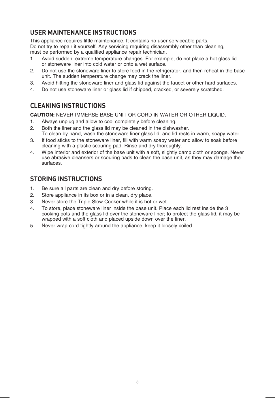 User maintenance instructions, Cleaning instructions, Storing instructions | BELLA 13581 3 X 2.5QT Triple Slow Cooker with Lid Rests User Manual | Page 9 / 29