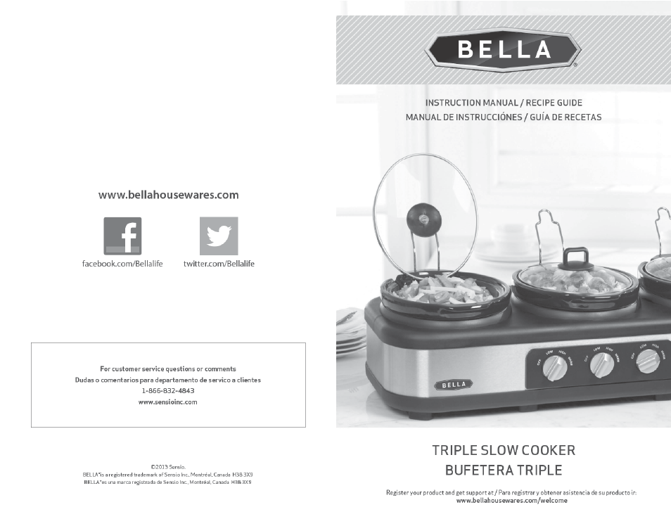 BELLA 13576 3 X 2.5QT Triple Slow Cooker with Lid Rests User Manual | 29 pages