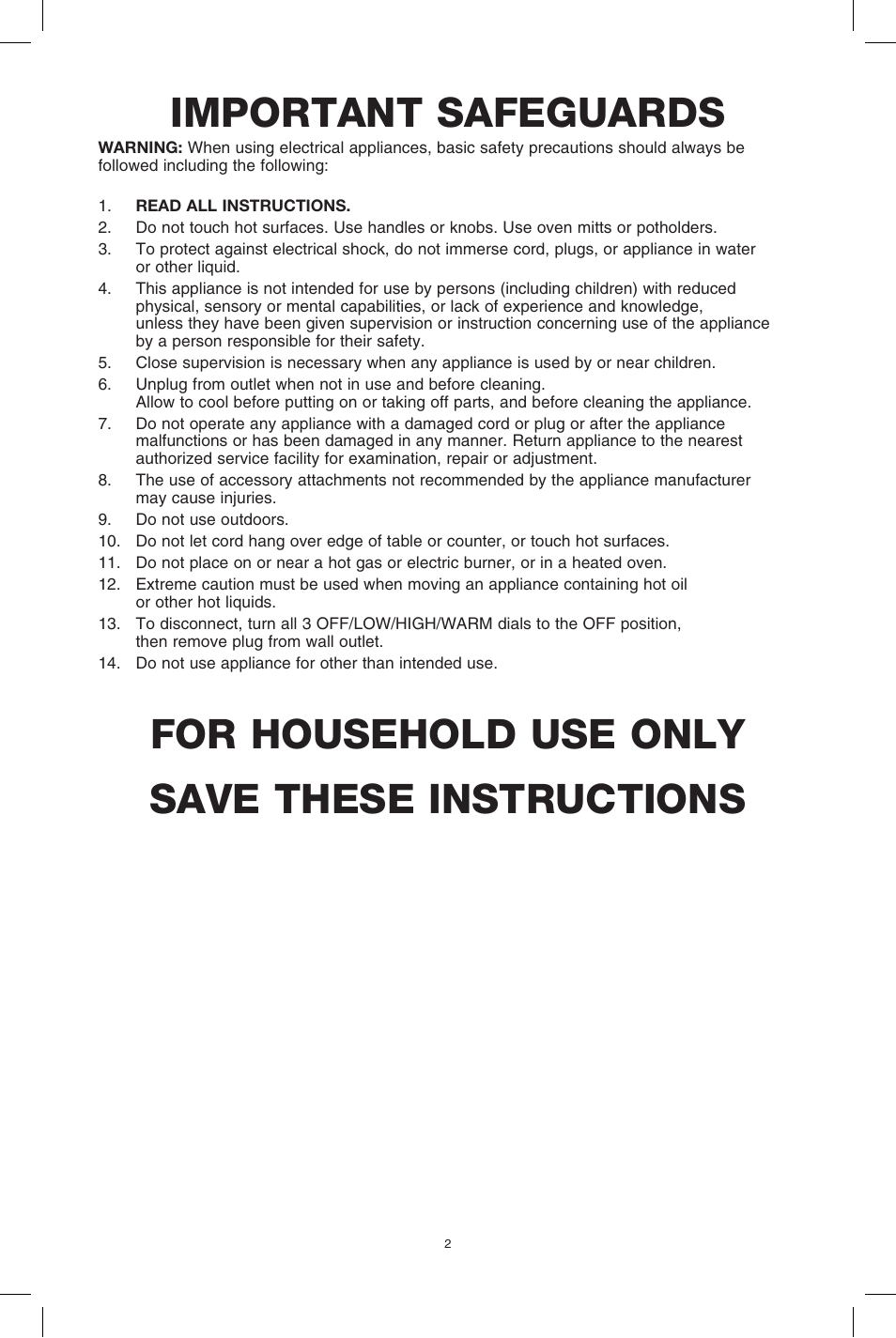 Important safeguards, For household use only save these instructions | BELLA 13576 3 X 2.5QT Triple Slow Cooker with Lid Rests User Manual | Page 3 / 29