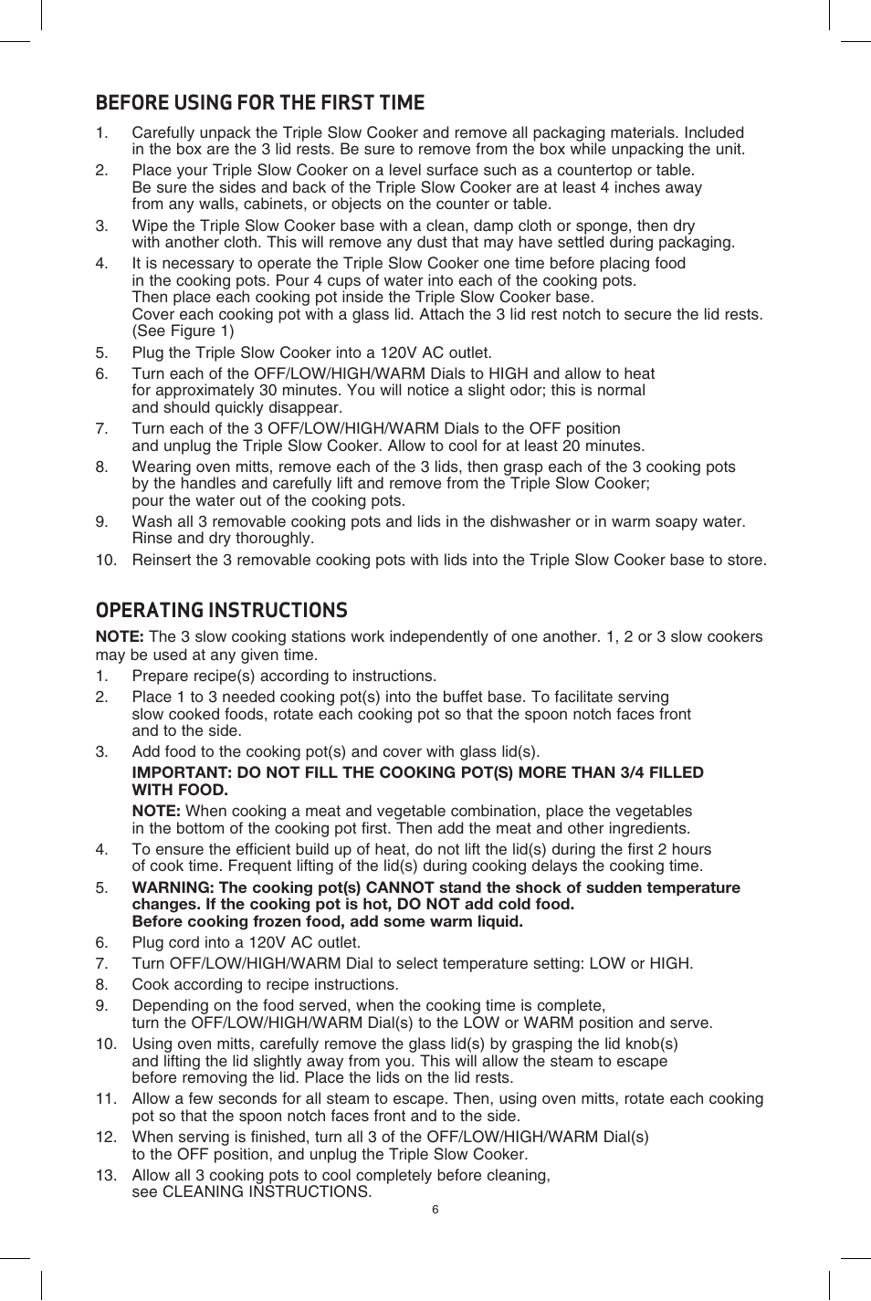 Before using for the first time, Operating instructions | BELLA 13576 3 X 2.5QT Triple Slow Cooker with Lid Rests User Manual | Page 7 / 29