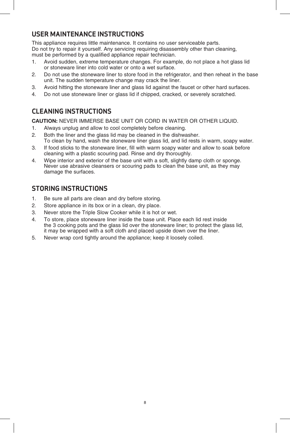 User maintenance instructions, Cleaning instructions, Storing instructions | BELLA 13576 3 X 2.5QT Triple Slow Cooker with Lid Rests User Manual | Page 9 / 29