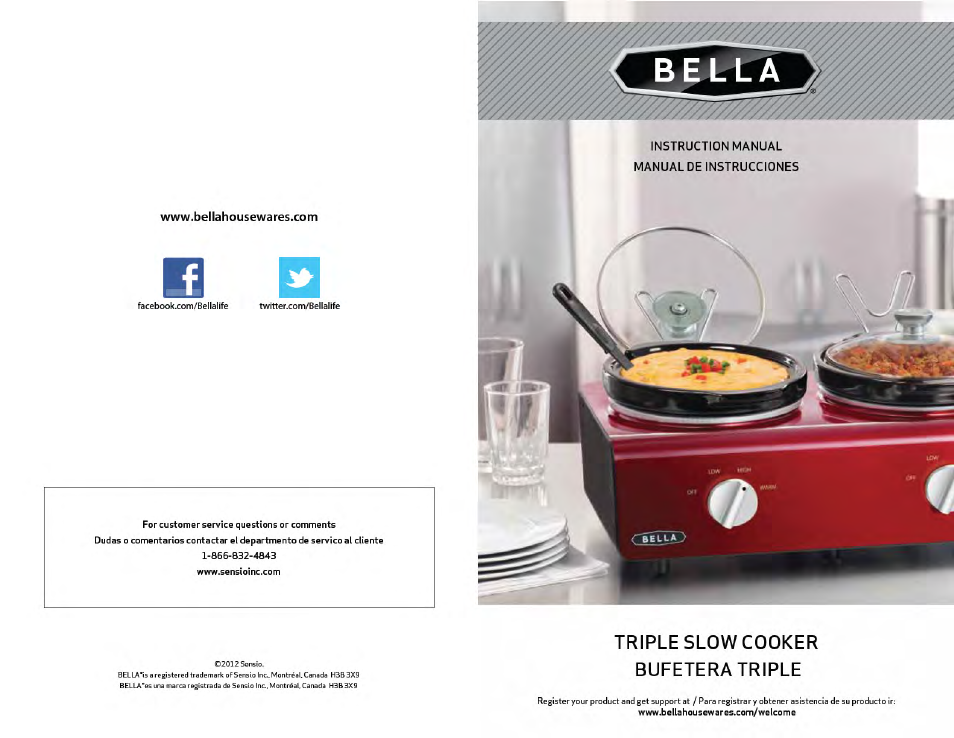 BELLA 90040 3 X 2.5QT Triple Slow Cooker with Lid Rests User Manual | 12 pages