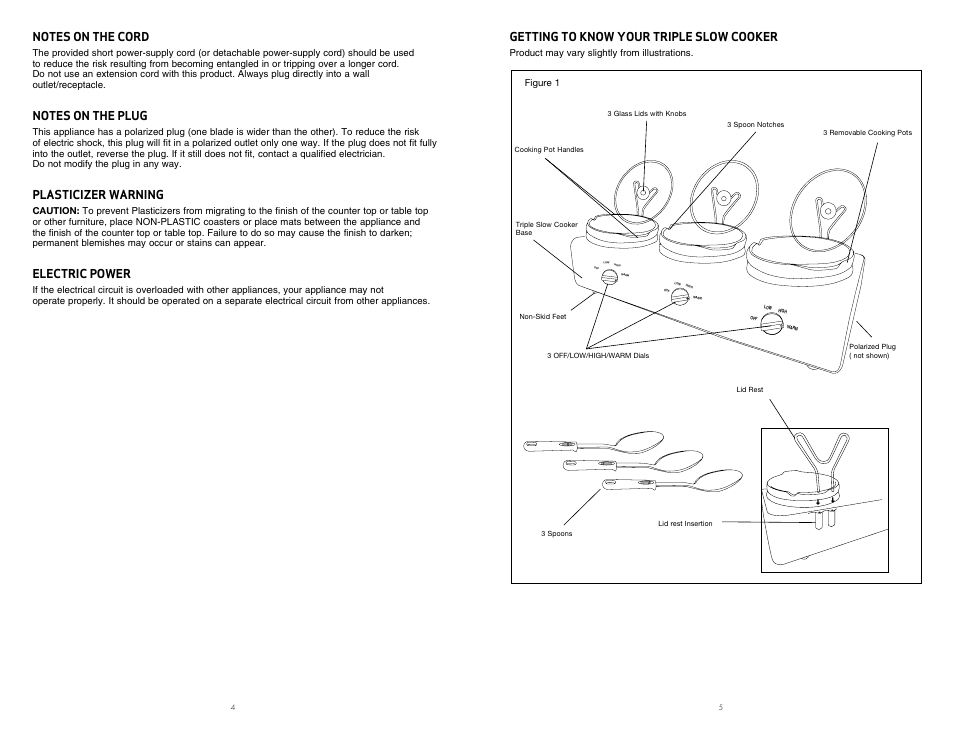 Getting to know your triple slow cooker, Plasticizer warning, Electric power | BELLA 90040 3 X 2.5QT Triple Slow Cooker with Lid Rests User Manual | Page 4 / 12