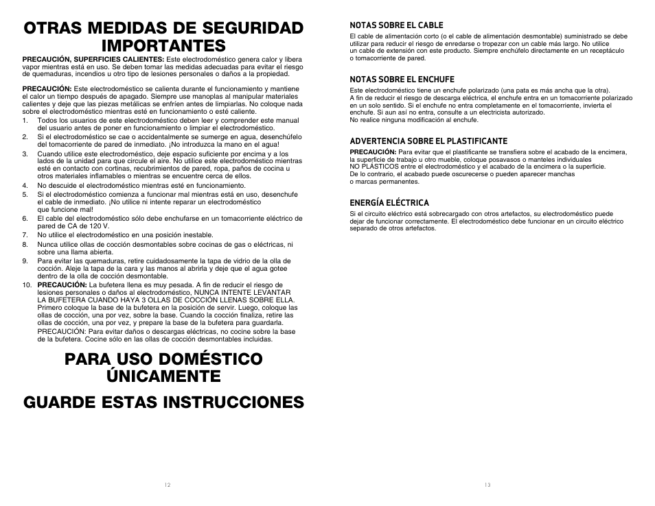Otras medidas de seguridad importantes | BELLA 90040 3 X 2.5QT Triple Slow Cooker with Lid Rests User Manual | Page 8 / 12