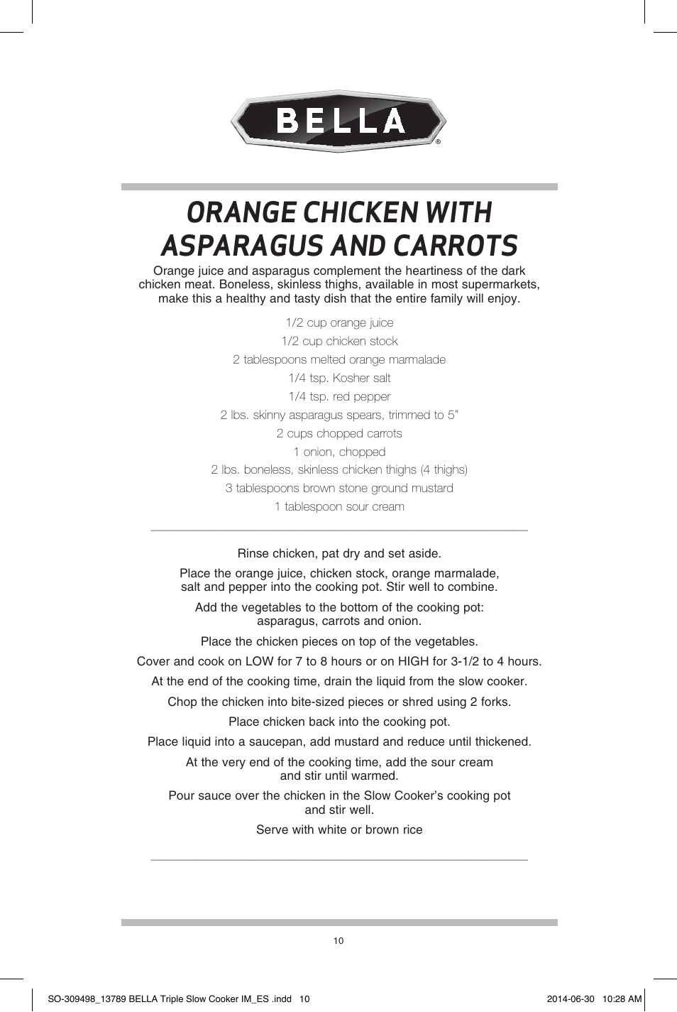 Orange chicken with asparagus and carrots | BELLA 13789 3 x 2.5QT Triple Slow Cooker with Lid Rests User Manual | Page 11 / 26