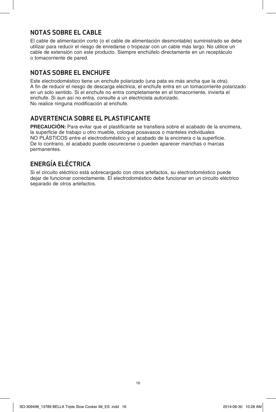 Notas sobre el cable, Notas sobre el enchufe, Advertencia sobre el plastificante | Energía eléctrica | BELLA 13789 3 x 2.5QT Triple Slow Cooker with Lid Rests User Manual | Page 17 / 26