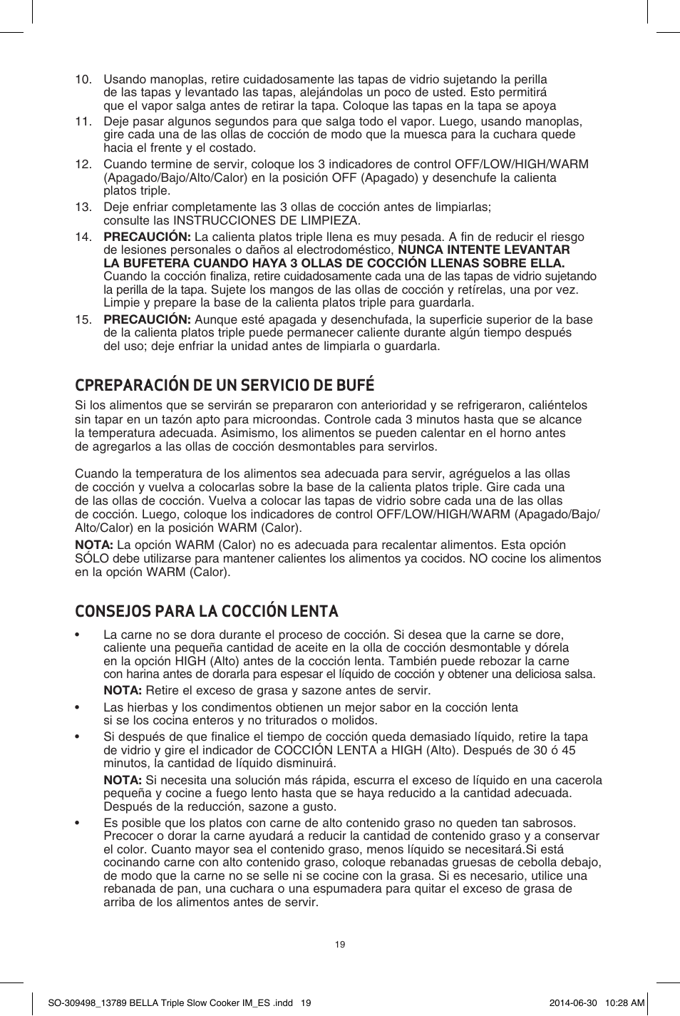 Cpreparación de un servicio de bufé, Consejos para la cocción lenta | BELLA 13789 3 x 2.5QT Triple Slow Cooker with Lid Rests User Manual | Page 20 / 26