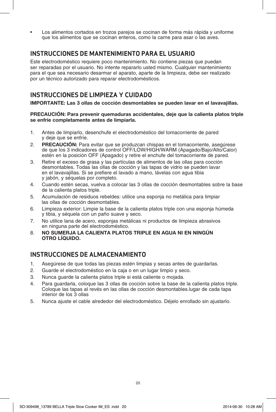 Instrucciones de mantenimiento para el usuario, Instrucciones de limpieza y cuidado, Instrucciones de almacenamiento | BELLA 13789 3 x 2.5QT Triple Slow Cooker with Lid Rests User Manual | Page 21 / 26