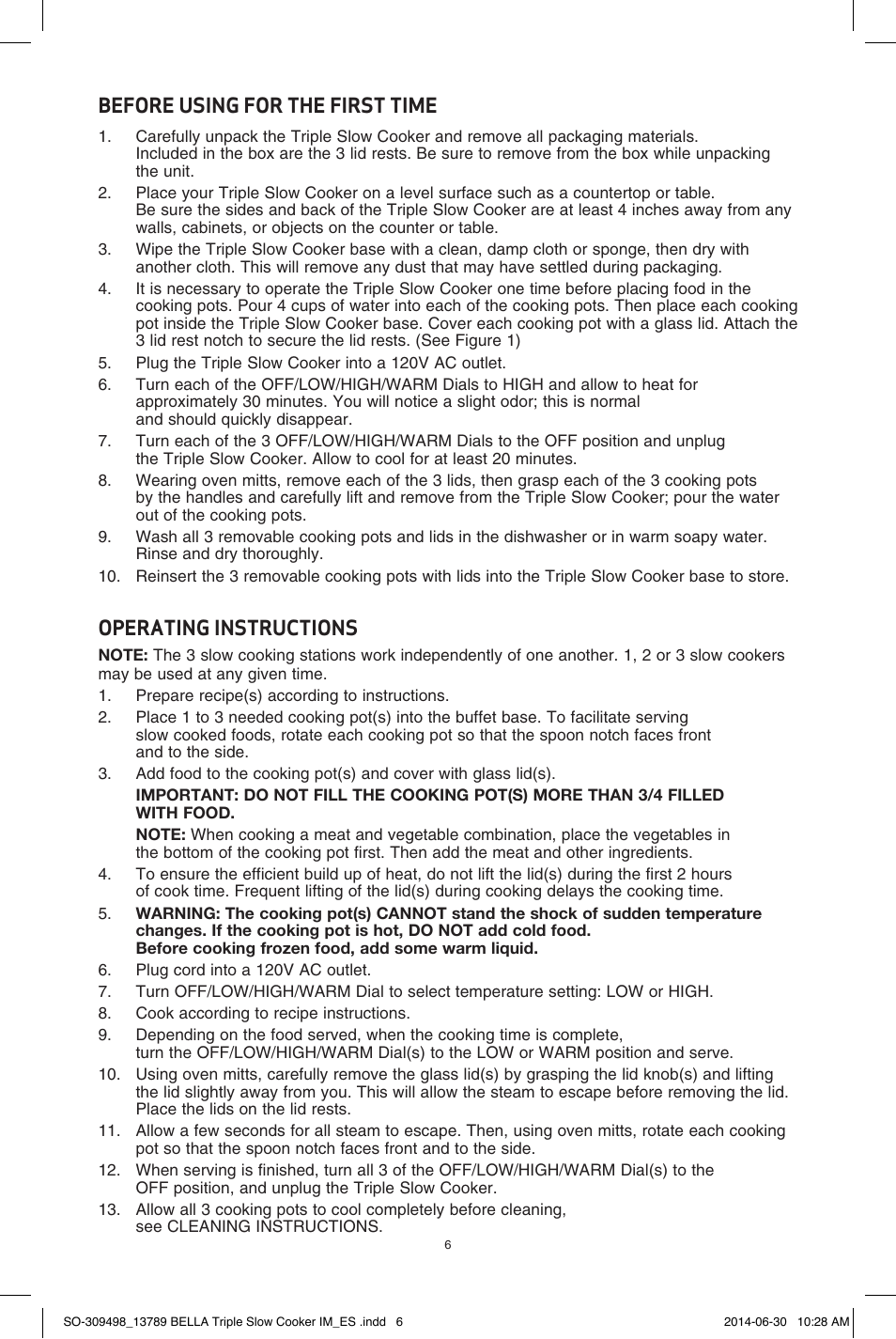 Before using for the first time, Operating instructions | BELLA 13789 3 x 2.5QT Triple Slow Cooker with Lid Rests User Manual | Page 7 / 26