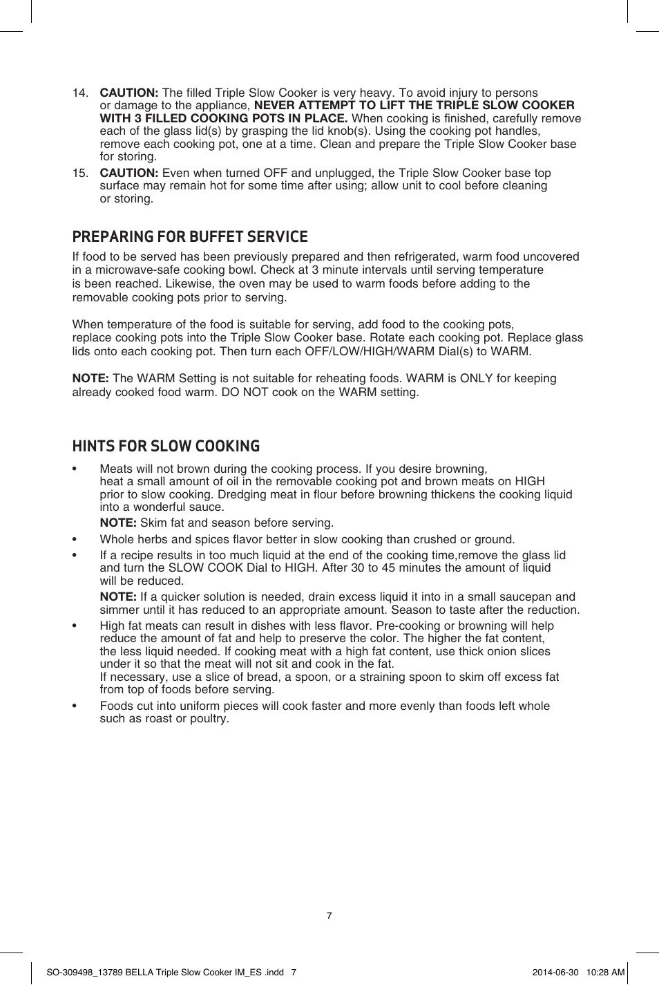 Preparing for buffet service, Hints for slow cooking | BELLA 13789 3 x 2.5QT Triple Slow Cooker with Lid Rests User Manual | Page 8 / 26