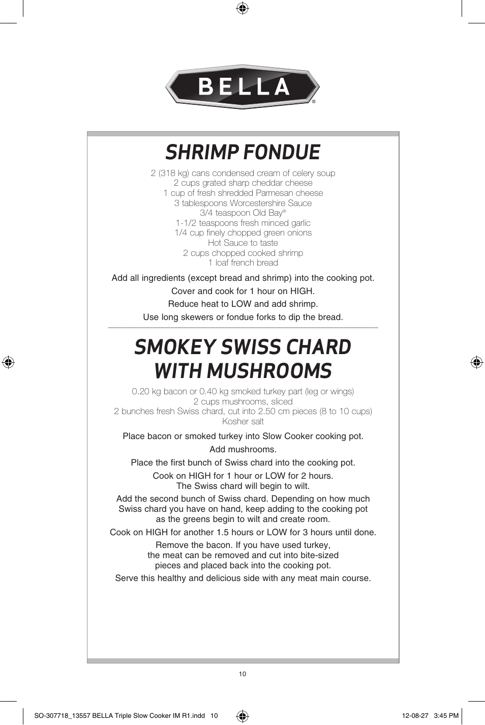 Shrimp fondue, Smokey swiss chard with mushrooms | BELLA 13557 3 X 1.5QT Triple Slow Cooker with Lid Rests User Manual | Page 10 / 22